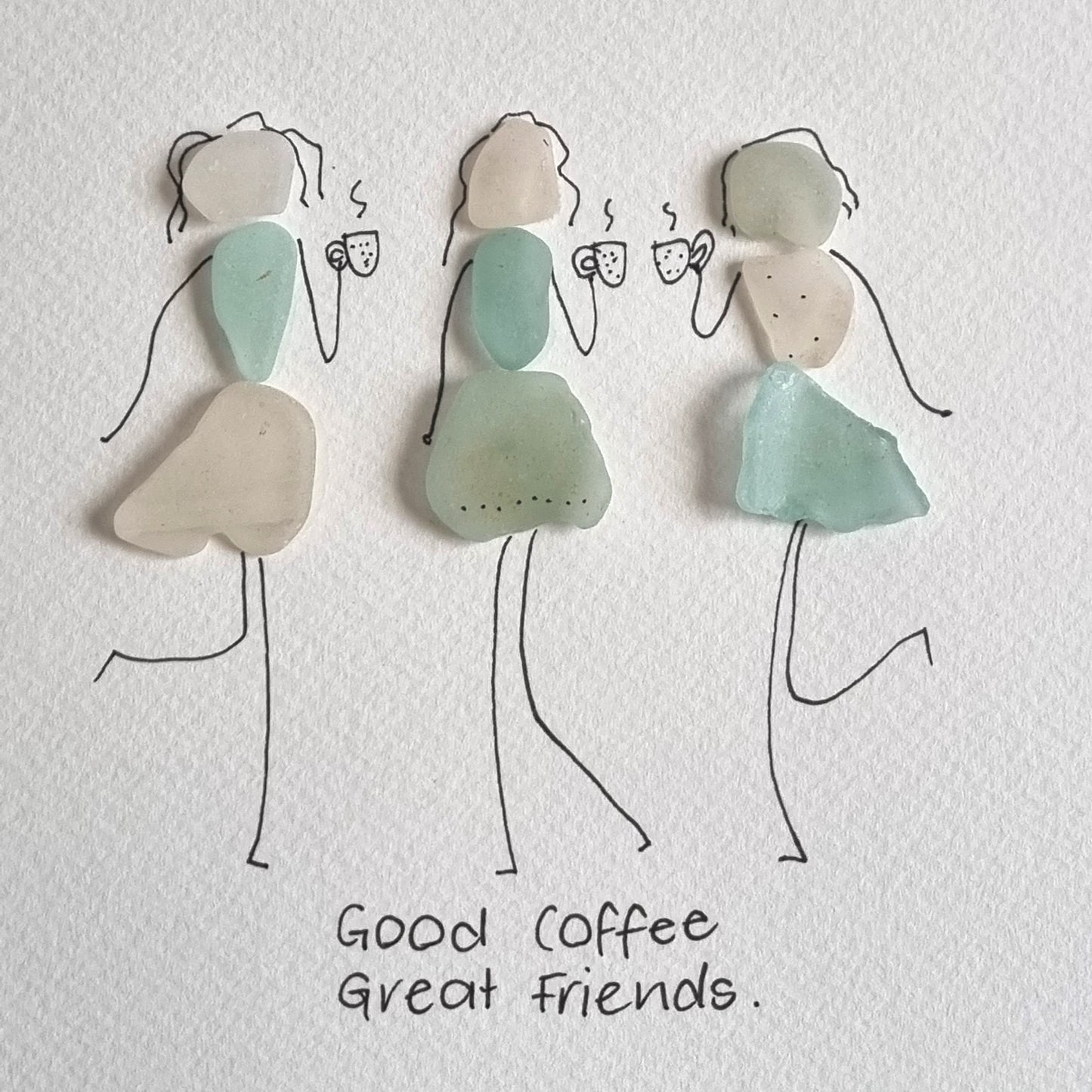 Seaglass artwork of three friends having a coffee