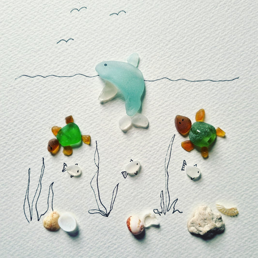 Seaglass artwork of sea creatures under the sea