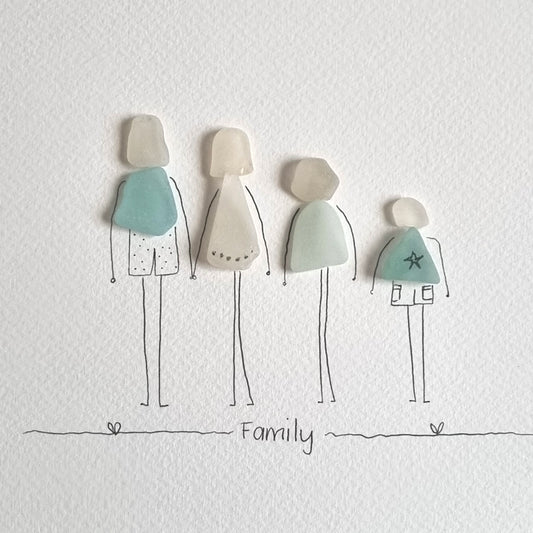 Seaaglass artwork of a family of four, Seaglass artwork