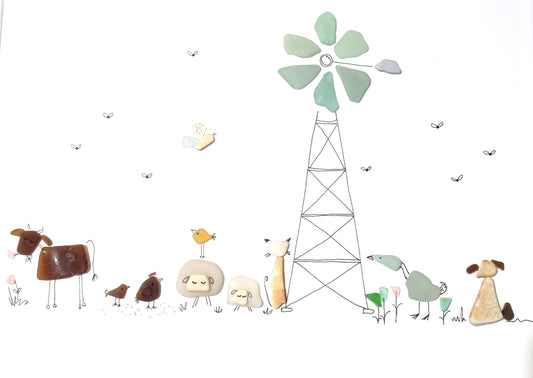 Seaglass artwork of assorted farm animals with a windmill